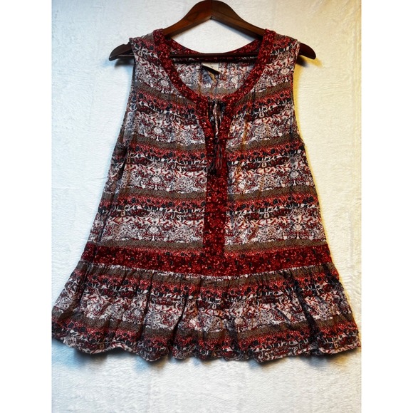 Knox Rose Blouse Women's XL Sleeveless Floral Top Boho Red Tan V Neck Flowy - Picture 1 of 7